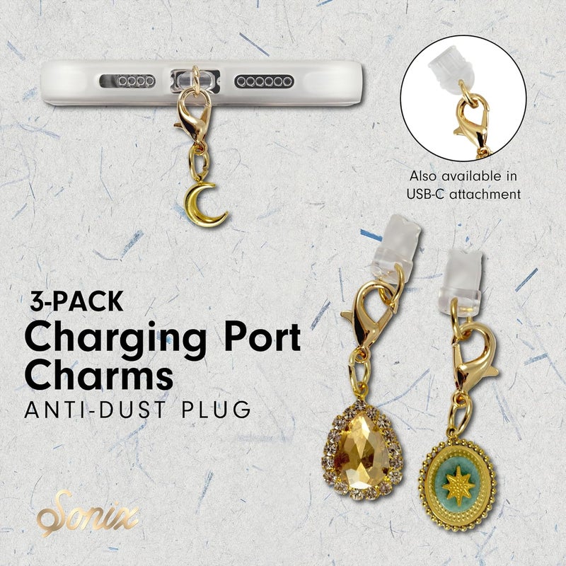 Sonix Dust Plugs - USB C + Lightning Compatible - Charging Port Charms (3 Pack) - Celestial - Sunburst, Teardrop Jewel, Crescent Moon - Image 5